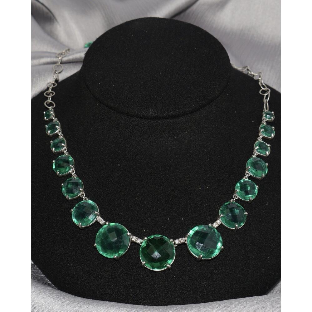 Anzie Sterling Silver Diamond & Green Stone Necklace 28.57G / Adjustable